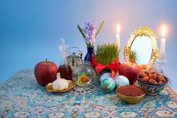 Plakat Haft-sin table representing nowruz with symbolic items