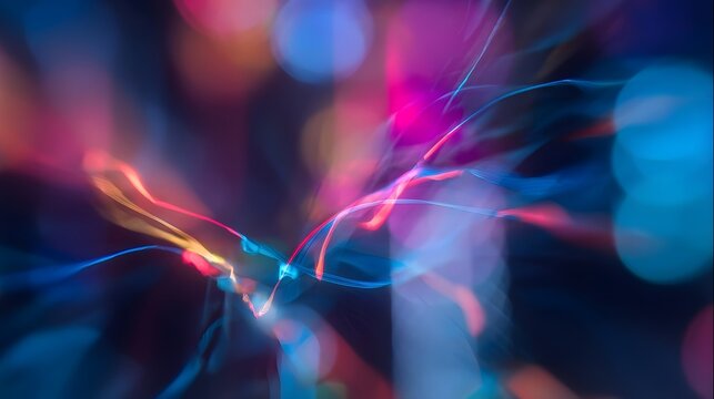A vibrant abstract composition of colorful light streaks and bokeh effects creates a dynamic energetic visual display