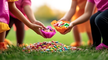 Fototapeta premium Low-angle view of children's hands holding colorful candy cups, adding to a vibrant pile on green grass. A sweet, joyful outdoor moment of sharing. Candy, Joy