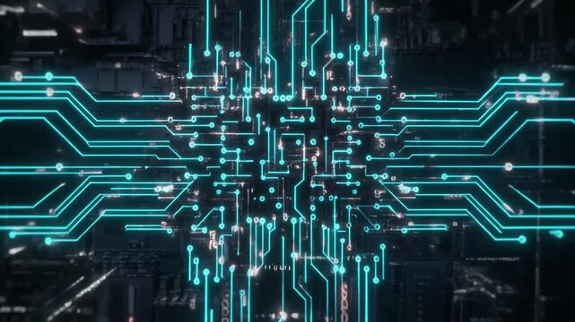 Abstract central processing unit with glowing circuit lines connecting digital data points in a futuristic dark technology background.