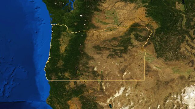 Oregon high resolution 4k satellite earth map zoom cinematic animation 3d drop shadow highlighting American state borders for US travel tourism geography and geopolitical national news broadcast