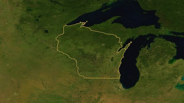 Wisconsin high resolution 4k satellite earth map zoom cinematic animation 3d drop shadow highlighting American state borders for US travel tourism geography and geopolitical national news broadcast