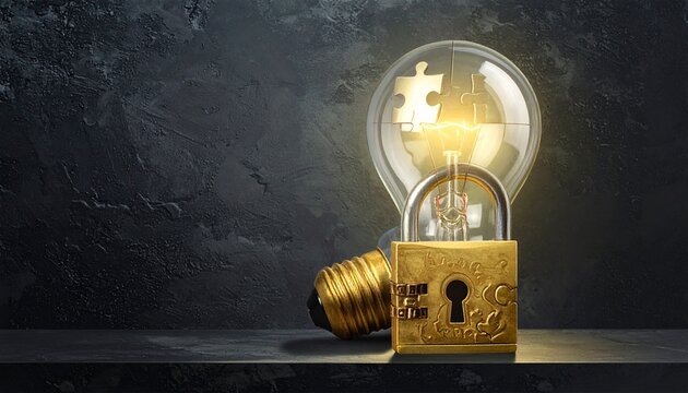 Lightbulb idea locked with golden padlock on dark concrete background concept