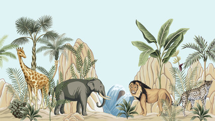 African elephant, lion, giraffe, leopard, palms, banana trees, palm, plant, mountain, waterfall mural. Safari landscape. © good_mood