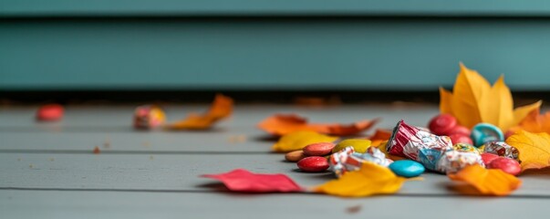Fototapeta premium Scattered Fall Candies and Vivid Autumn Leaves on Rustic Wood, Teal Backdrop Sweet seasonal aftermath of treats and colorful foliage. Halloween, Harvest