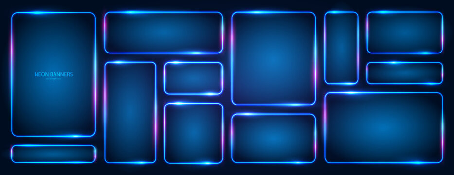 Neon banners. A large set of blue rectangular neon frames of different sizes with glowing effects and illumination on a dark background. Elements for futuristic design. Vector EPS 10.