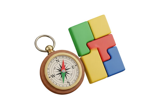 Vintage pocket watch resting beside colorful puzzle pieces and a blue window frame