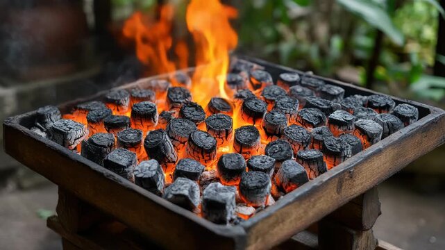 Glowing charcoal briquettes in a wooden tray with a white cooking utensil and vibrant orange flames