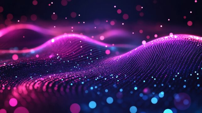 Abstract Digital Network with Vibrant Purple and Blue Particles and Soft Light Creating a Futuristic Backdrop