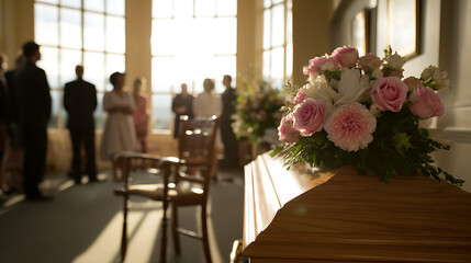 Solemn Gathering with Casket and Floral Arrangement, Background Figures Silhouetted Against Bright Window Light in a Respectful Setting