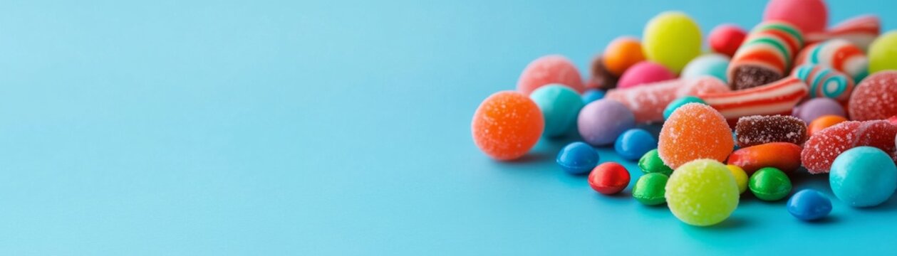 Vibrant assorted candies and sweets arrayed on a light blue background, creating a joyful, colorful confectionery banner with ample copy space. Treats, sugary