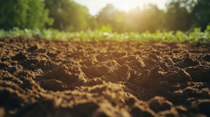 Obraz premium Close-up of rich brown soil in a sunlit park with a blurred green background, suggesting potential environmental contamination concerns.