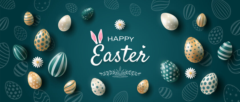 Easter background with eggs. Lots of gold, white and green realistic eggs on a dark blue background. Festive design with text for greeting cards, invitations or advertising banners. Vector EPS 10.