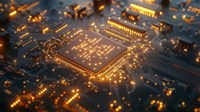 Close-up of a glowing computer circuit board with a central processor and many components