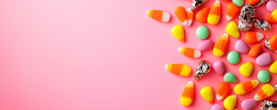 Vibrant candy corn and mixed sweets flat lay on a bright pink backdrop, creating a festive border with spacious copy area. Sweet treats and celebration. ,Halloween, party