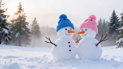 Obraz premium Whimsical Winter Snowman Collection: Cheerful Snowmen (In Red Hats, Plaid Scarves & Top Hats) in Varied Snowy Settings (Snowy Forest, Sunlit Path, Pine Tree Backdrop, Open Winter Field) for Christmas,