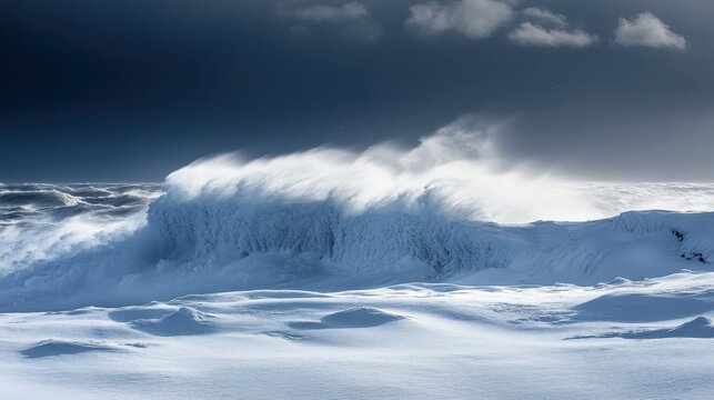 Dramatic Blizzard Scene with Heavy Snowfall and Strong Winds Across a Snowy Landscape