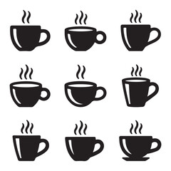 Obraz premium Coffee Cup Icon Set – Hot Drink Mug Silhouette Collection Vector