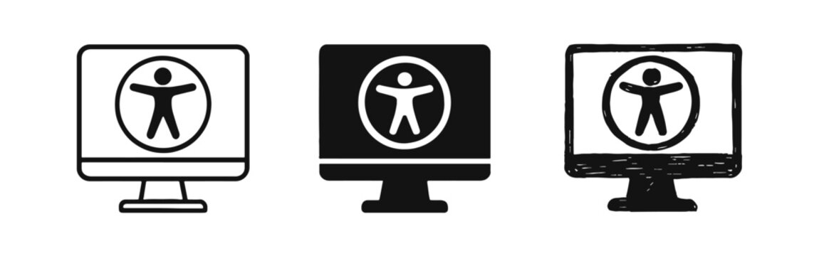 Digital Accessibility Icons Set: Computer Screen with Universal Access Symbol in Outline, Solid, and Hand-Drawn Styles