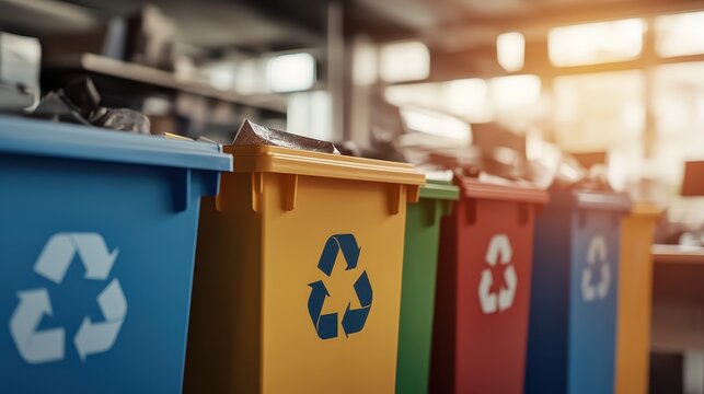 Colorful recycling bins with recycling symbols lined up in an office environment, promoting corporate waste solutions and eco-friendly practices.