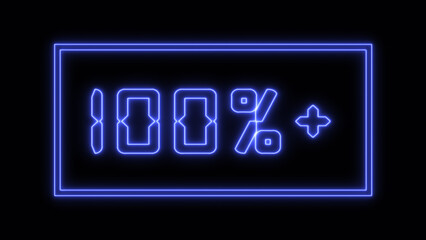 Neon Blue 100% Plus Sign in Glowing Frame on Black Background - Exceeding Expectations Concept