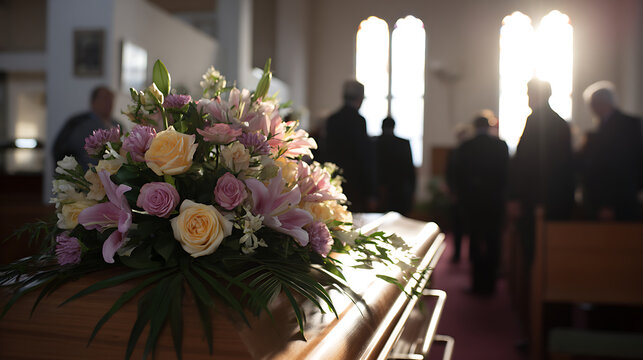 Solemn indoor memorial service with a casket adorned with beautiful pink and yellow floral arrangements, silhouetted attendees gather respectfully inside a church