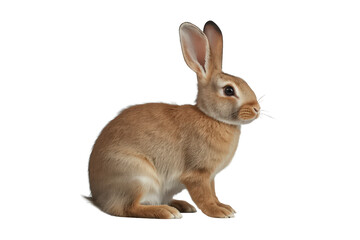 Fototapeta premium Cute brown rabbit sitting, looking right with alert ears, isolated against transparent background