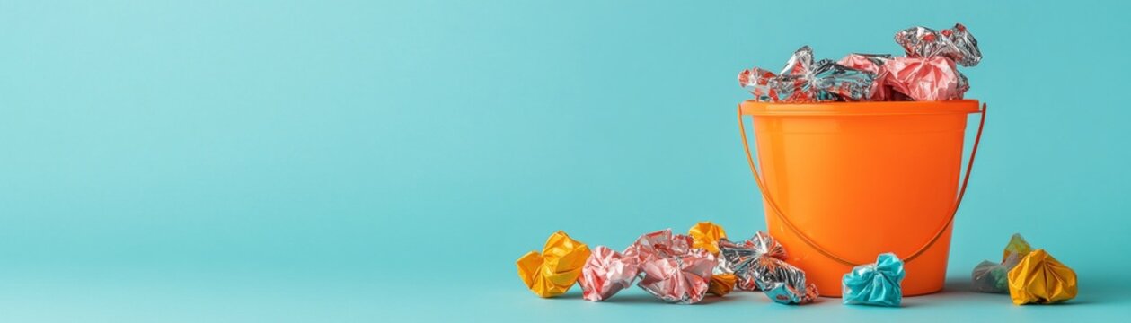 Vibrant orange bucket filled and surrounded by colorful crumpled foil candy wrappers on minimalist turquoise. Concept Waste, recycling, consumption aftermath. Litter, Trash