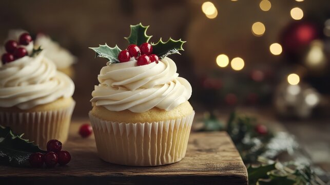 Festive Christmas cupcake decorated with holly and red berries, set against a soft, rustic kitchen background with warm bokeh lights.