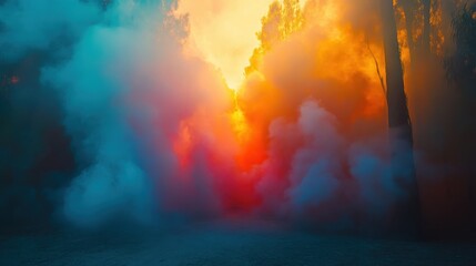 Fototapeta premium Dramatic sky filled with vibrant, colorful smoke and fire, evoking a sense of environmental impact
