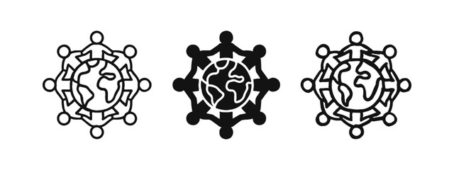 Global Unity and Teamwork Icon Set. People Holding Hands Around Earth Symbol in Outline, Solid, and Hand-Drawn Styles. © ICONS FOR YOU