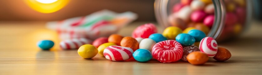 Vibrant, scattered candies spill from a jar onto a warm wooden surface, a colorful close-up of sweet variety with soft bokeh light, symbolizing delightful indulgence. Treats, Candy