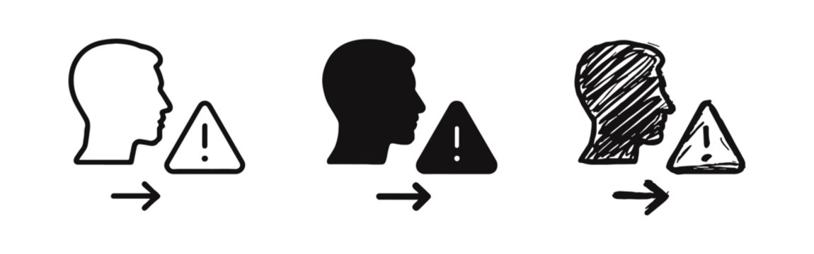 Mental health warning icon set. Head profile with exclamation mark symbol. Stress and psychological issue concept.