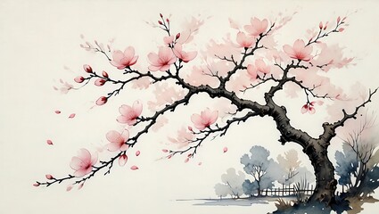 Obraz premium Elegant Cherry Blossom Tree in Bloom Watercolor