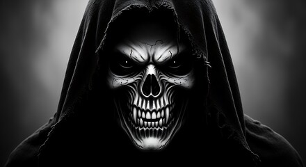 A terrifying skeletal figure with glowing eyes, hooded in black, staring intensely