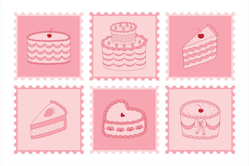 Postage stamps with hand-drawn cakes. A collection of vector postage stamps featuring sweet desserts in a flirty style.