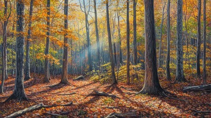 Obraz premium Golden autumn forest with fallen leaves and tall trees, sunlight filtering through the canopy creating dappled shadows on the ground