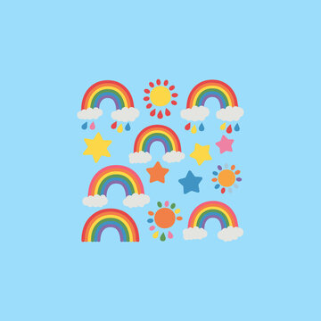 rainbow and clouds vector Set of Colorful Cartoon Rainbows with White Clouds on Light Blue Background. Rainbow Cute Cartoon Drawing.