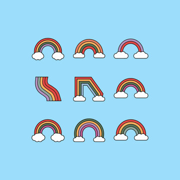 rainbow and clouds vector Set of Colorful Cartoon Rainbows with White Clouds on Light Blue Background.
