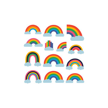 rainbow and clouds vector Set of Colorful Cartoon Rainbows with White Clouds on Light Blue Background.