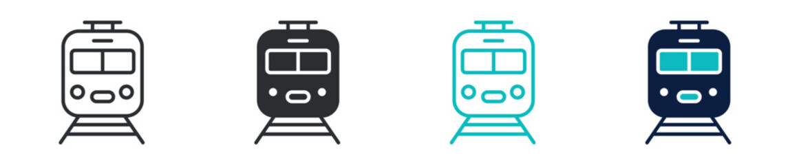 Train front icon set, railway train locomotive transport symbol, outline and solid and color style. Vector illustration. © Masuda Akthar