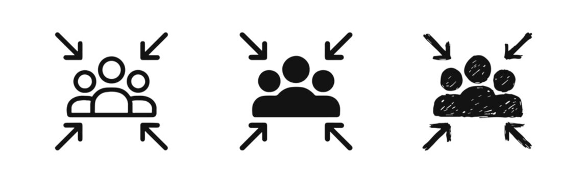 Focus group or target audience icon set with people surrounded by inward-pointing arrows, symbolizing concentration and community.