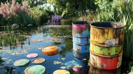 Fototapeta premium Leaking Industrial Waste Barrels Submerged in a Vibrant, Polluted Pond Under Bright Sunlight