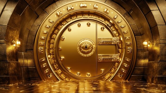 Imposing Golden Vault Door with Intricate Details and Reflective Floor