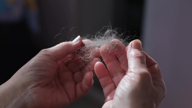 A woman holding her fallen hair, close-up. Alopecia.