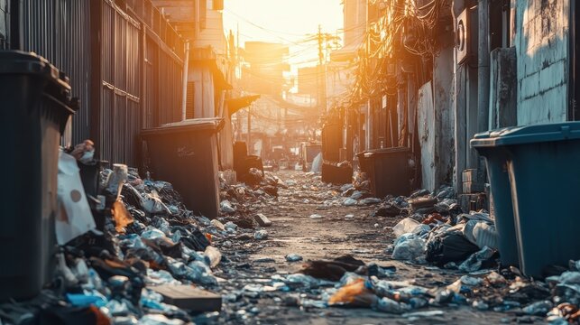 Overflowing trash containers line a cluttered urban alleyway, highlighting environmental neglect and urban decay.