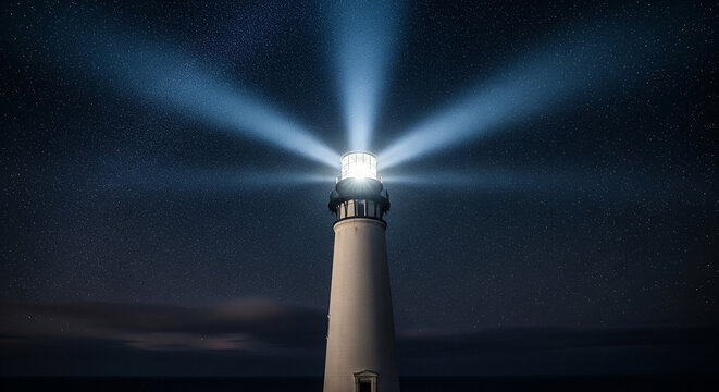 Bright lighthouse shining beam of light in dark starry night perfect for maritime navigation and professional safety goal