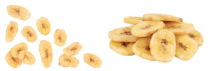 Dried banana chips isolated on white background with full depth of field. Top view with copy space for your text. Flat lay © kolesnikovserg