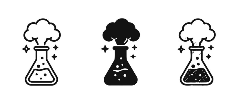 Chemical Reaction Beaker Icon Set: Line, Glyph, and Hand-Drawn Styles for Science and Innovation