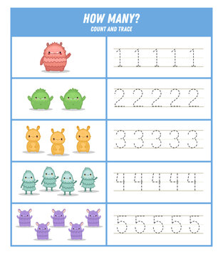 How Many monsters. Count and trace the numbers Halloween worksheet. Activity page with cute monster. Math for preschool kids. Handwriting practice. Vector illustration